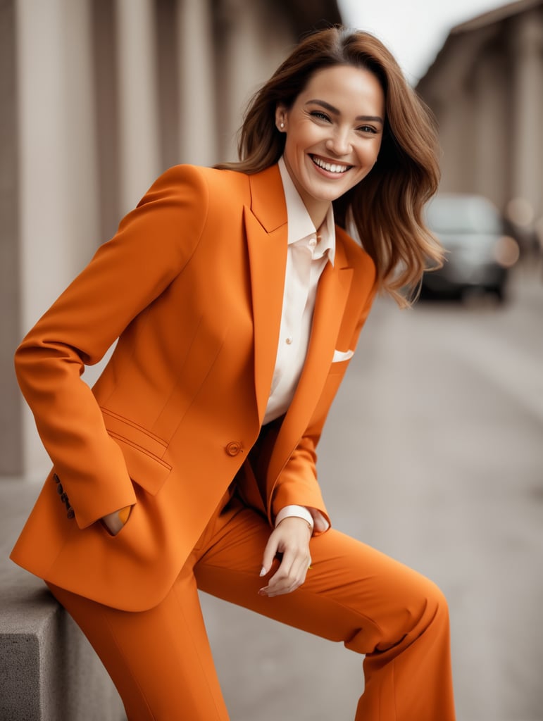 a women with an orange suit and smily face