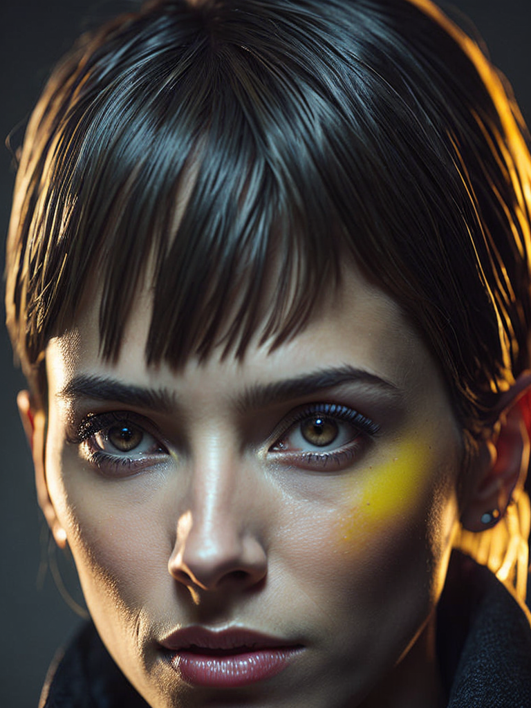 a women looks on the camera, yellow side lighting, focused gaze, canon 50 lens, focus on the face everything else is in blur, the blade runner scene.