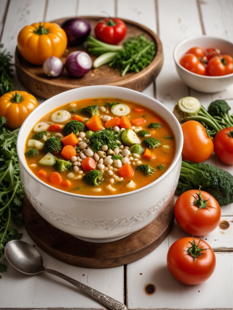 Soup in a bawl at the wood table with some vegetables decorating, white painted wood background cenario