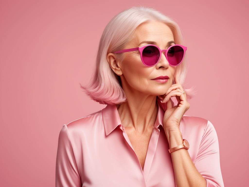 Blonde middle aged woman ponders on something keeps hand near face, pink hair, pink blouse, pink sunglasses, minimalistic style, fashion, mature women, pretty old women, isolated, pink background