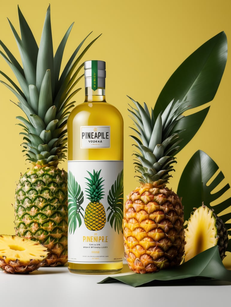 Packaging and branding for a pineapple vodka brand as if it had been designed by HI ESTUDIO with In a set design with pineapple, pineapple leaves, mockup