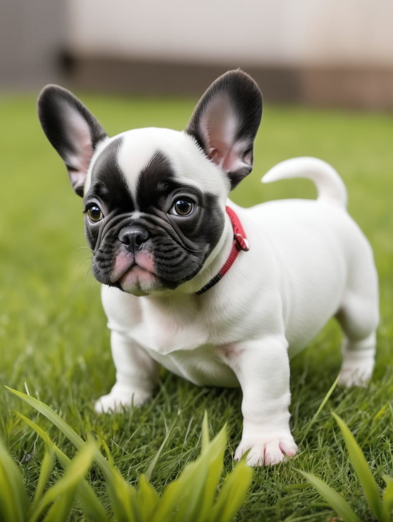 Cute French bulldog puppies in different colours and with tails playing in grass