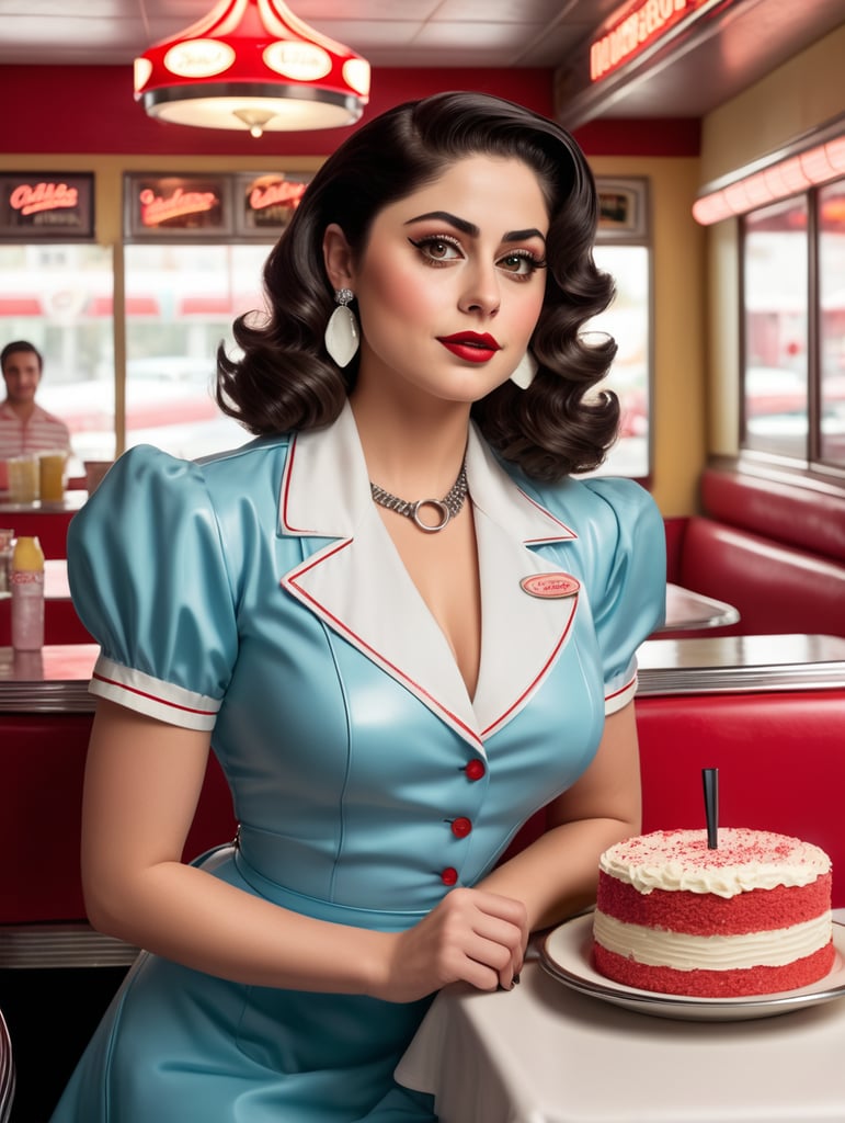 Rosa Salazar is a very busty waitress, she wears a very skimpy waitress outfit with much cleavage, she has long wavy brunette hair and smoky eyeshadow, she has freckles, she serves a piece of cake on a platter, background is a 50s diner