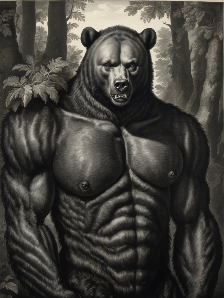 An old engraving by Hendrick Goltzius, a bear-like creature with the face of a black woman, full body portrait