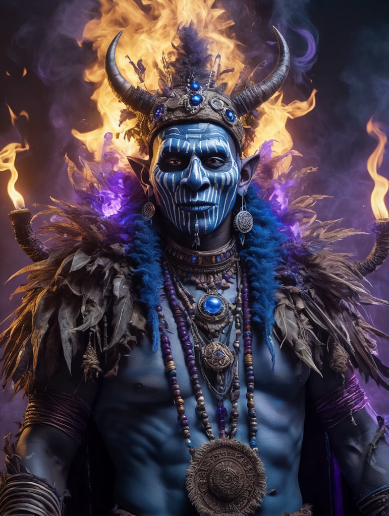 a witch doctor wearing a voodoo mask, surrounded by blue and purple flames, high quality cinematic lighting, fantasy, magical, dreamy, unique