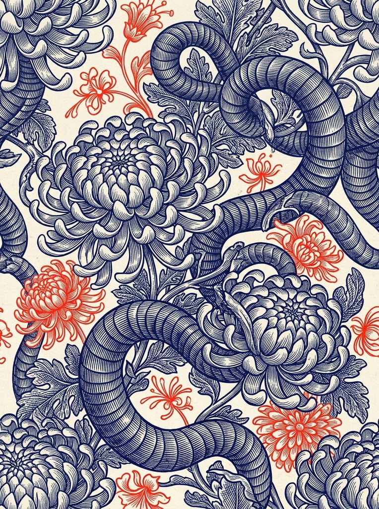 A dense, swirling botanical pattern rendered in deep indigo blue ink on a cream background with bright vermilion red floral accents. Stylized chrysanthemum blossoms and twisting, segmented serpentine stems dominate the tightly cropped composition. Fine engraving-style hatching and cross-hatching build immense volume across the overlapping scalloped petals and ribbed foliage, creating dynamic, high-contrast flowing curves.