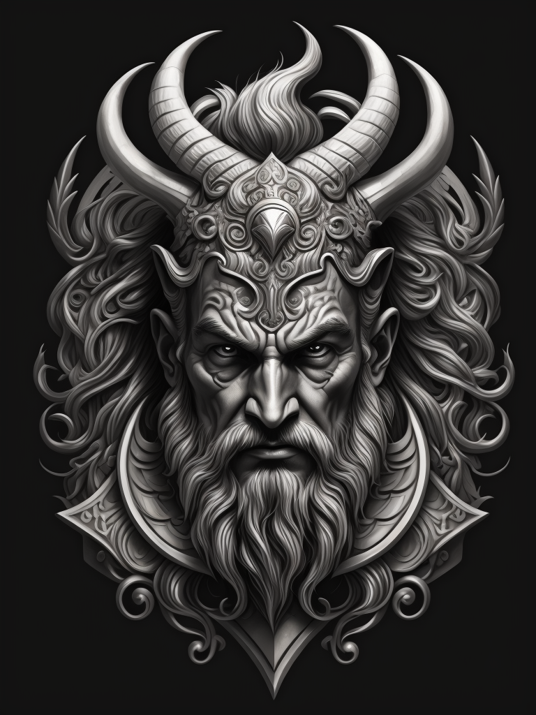 A vector art of a Poseidon head tattoo, black and white