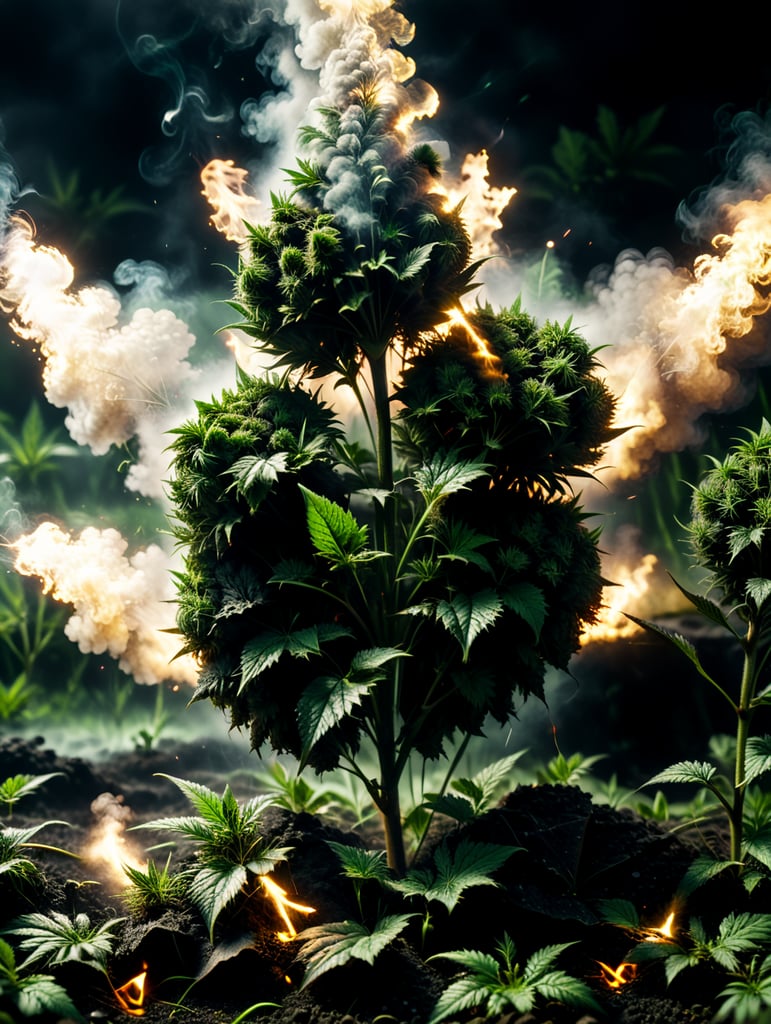 marijuana plants and field exploding weed leaves floating in the green black ground, smoke 4k photo-realistic