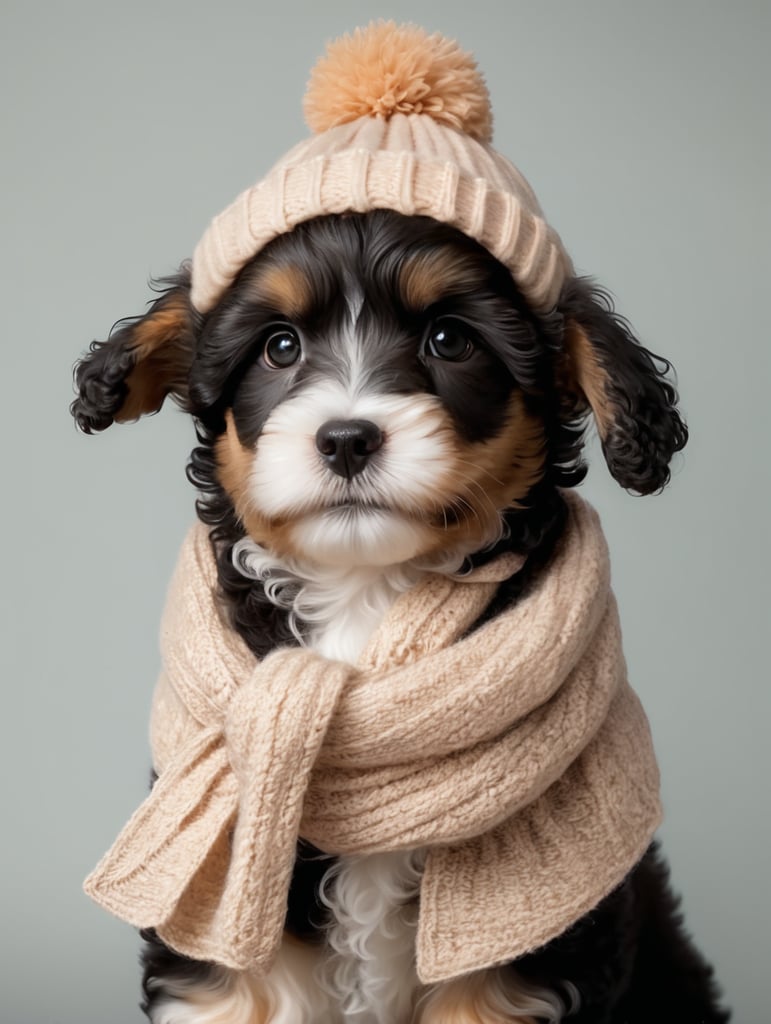 Generate Maltipoo puppy in apricot color in the nine with scarf and wool hat