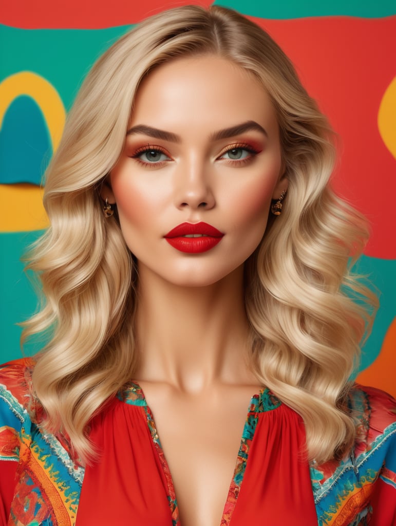 A beautiful blonde woman with long wavy hair and striking red lipstick, wearing a vibrant pop art outfit with 2024 summer colors and fun collection pieces in an ethnic and bohemian atmosphere. Solid color background, high fashion advertising campaign. Fun collection pieces in an ethnic and bohemian atmosphere with 2024 summer colors