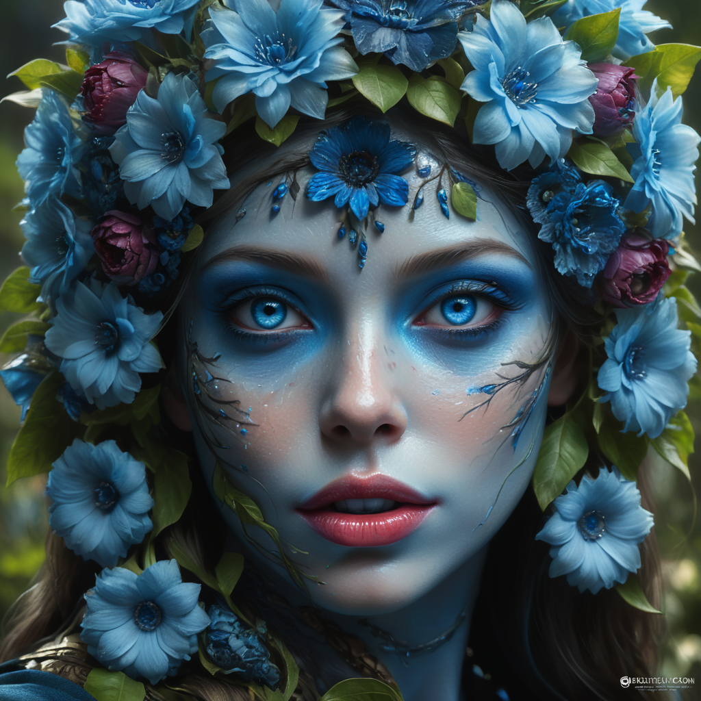 artistic profile highly detiled blue female face covered with flowers, blue eyes, massive lips