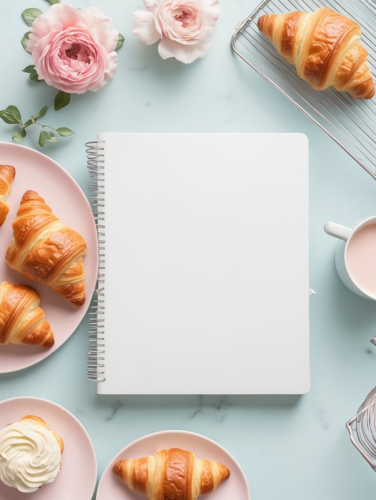 Cookbook photo, top - view, wire cooling rack, croissants, with a floral, allow, banner, pink and pastel blue, farmcore