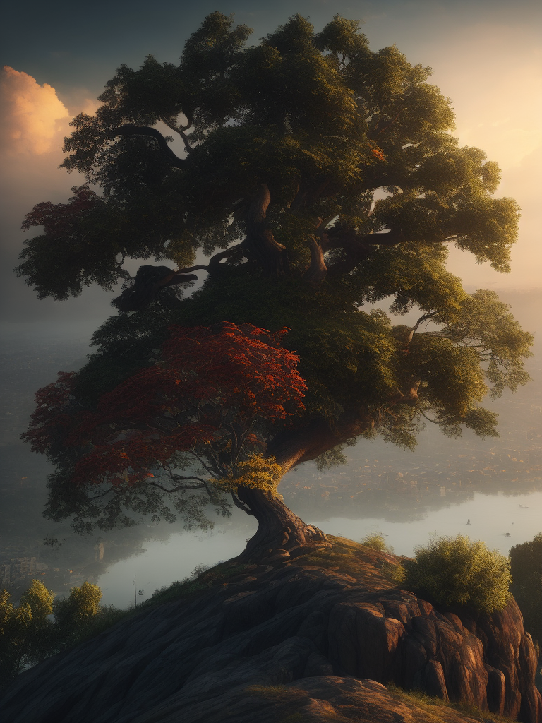 A tree on top of a hill, incredibly high detail, saturated colors, vogue, city background, depth of field