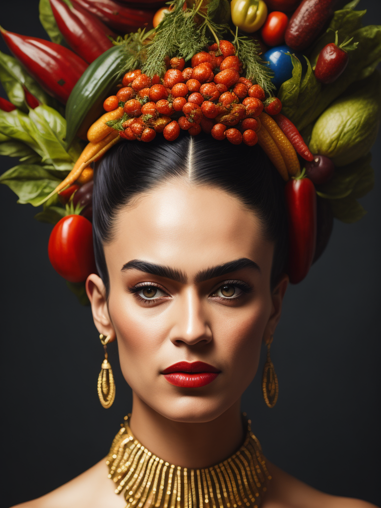 Portrait of Frida Kahlo,Headdress made of fine, fresh and small vegetables and herbs, bright and saturated colors, elegant, highly detailed, vogue, fashion magazine, sharp focus, bright expressive makeup, dramatic lighting, depth of field, incredibly high detailed, blurred background.