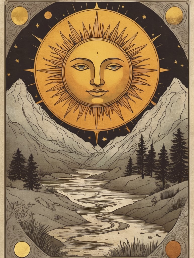 Tarot card , “the Sun”, rustic, fantasy, traditional tarot layout