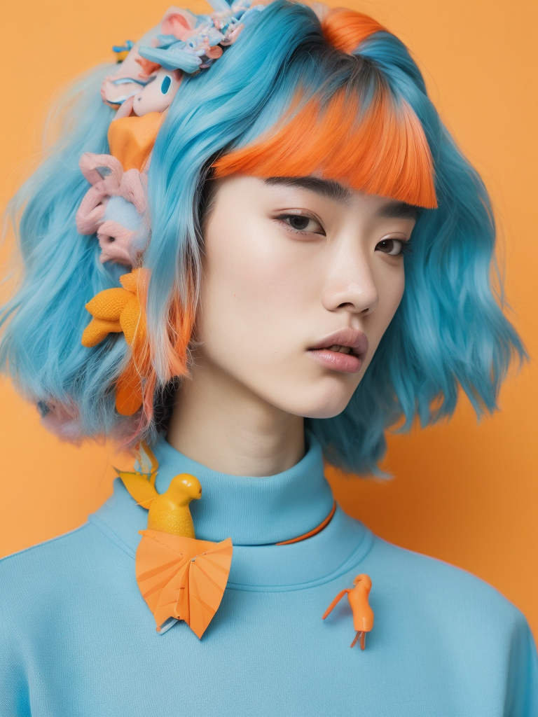 girls with toy characters and bright hair wearing colorful hair accessories, in the style of joong keun lee, multi-layered, dinocore, ren hang, pattern explosion, plasticien, light orange and light blue