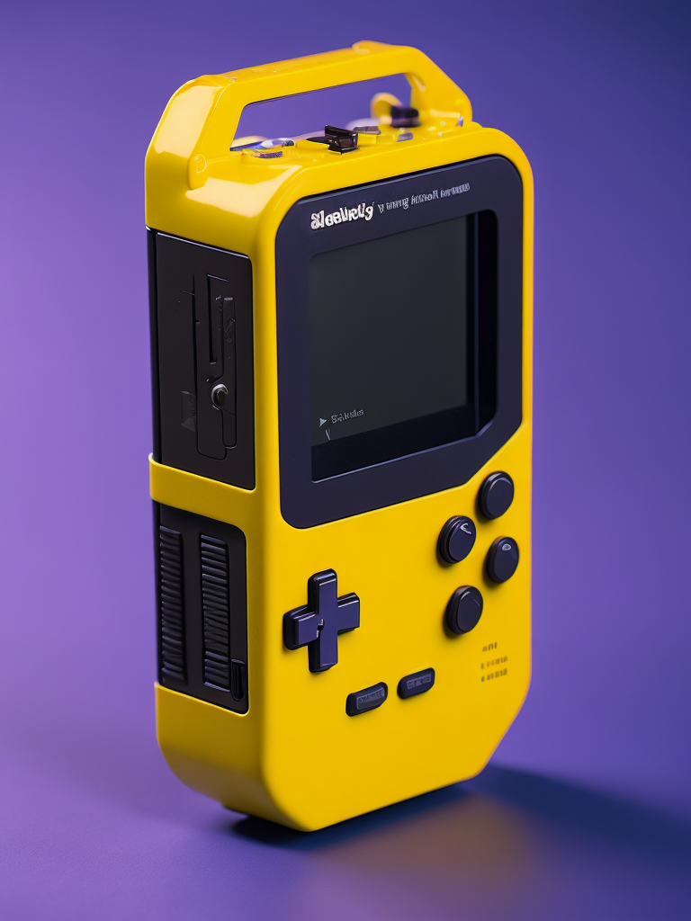 3d pixel retro tiny cute yellow game boy render, purple background