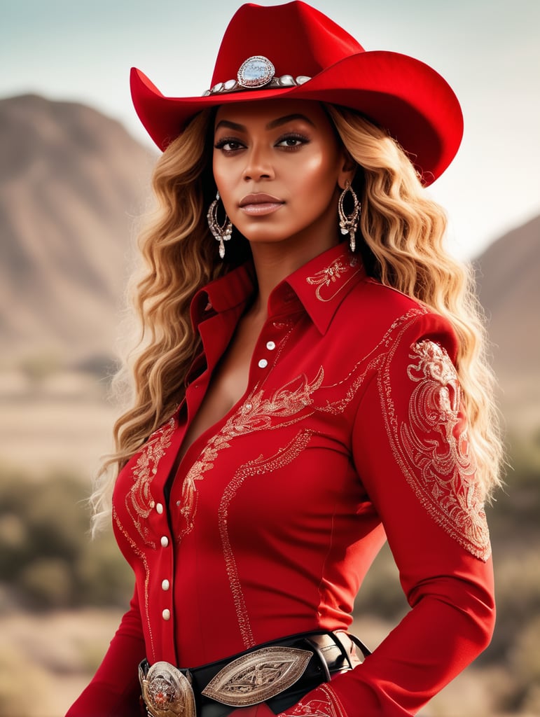 beyoncé as a cowboy in a red outfit in a cowboy hat