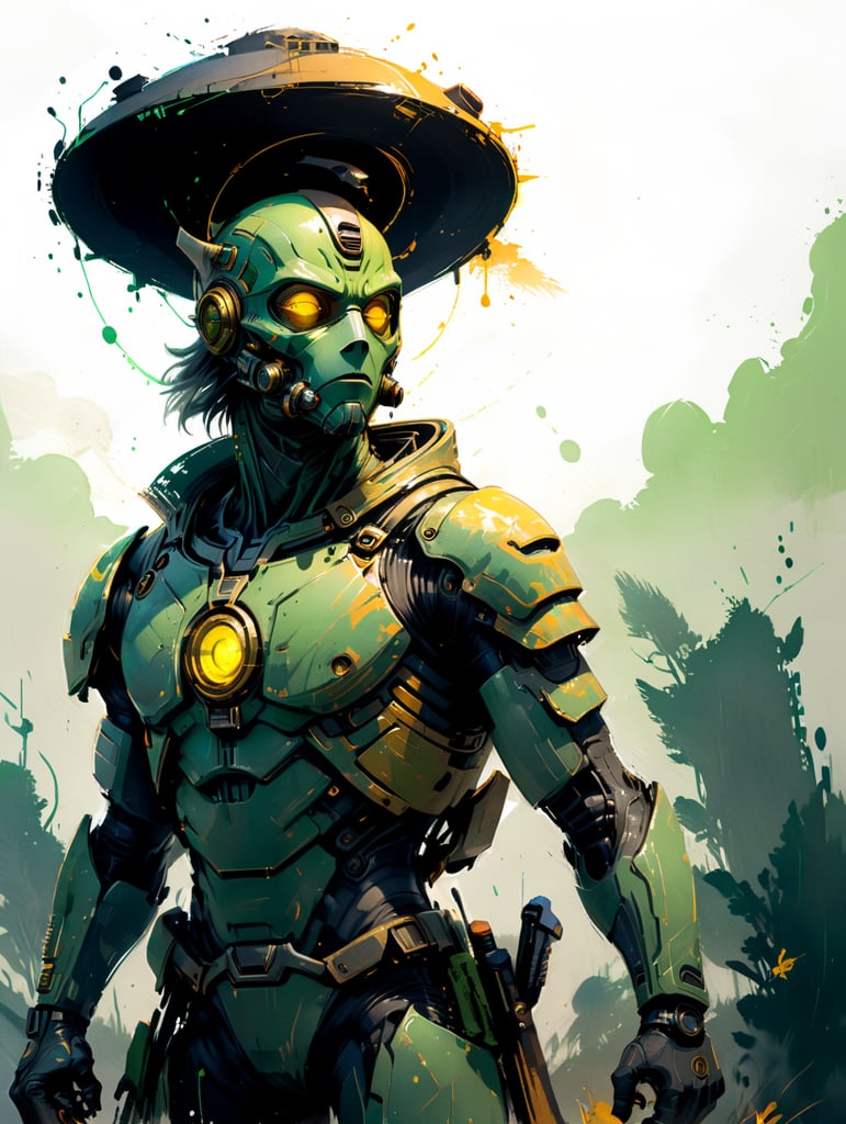 kyuzo species, full body, science fiction, green alien character, yellow eyes, shield as hat, breathing mask, blaster rifle, wearing log robes over light armor, ralph mcquarrie style