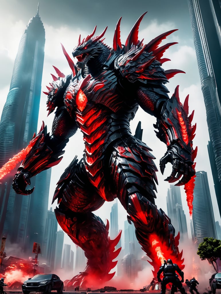 high ground angle shot, skyscrappers on low ground, a angry screaming Godzilla fusion Ender dragon, futuristic organic armor like creatures in action with white and red aura and unleashing an attacks, neon light, detailed anime style, fw murano style, full body GALAXY armour, plumes of jet black plumes smokes, In the style of Prokoko, with a focus on bold, expressive brushstrokes and vivid colors, The modifier is CarnageStyle, the color is blood_red, and the intensity is 1. 6, the lighting is cinematic, the angle is dynamic, the details are extreme