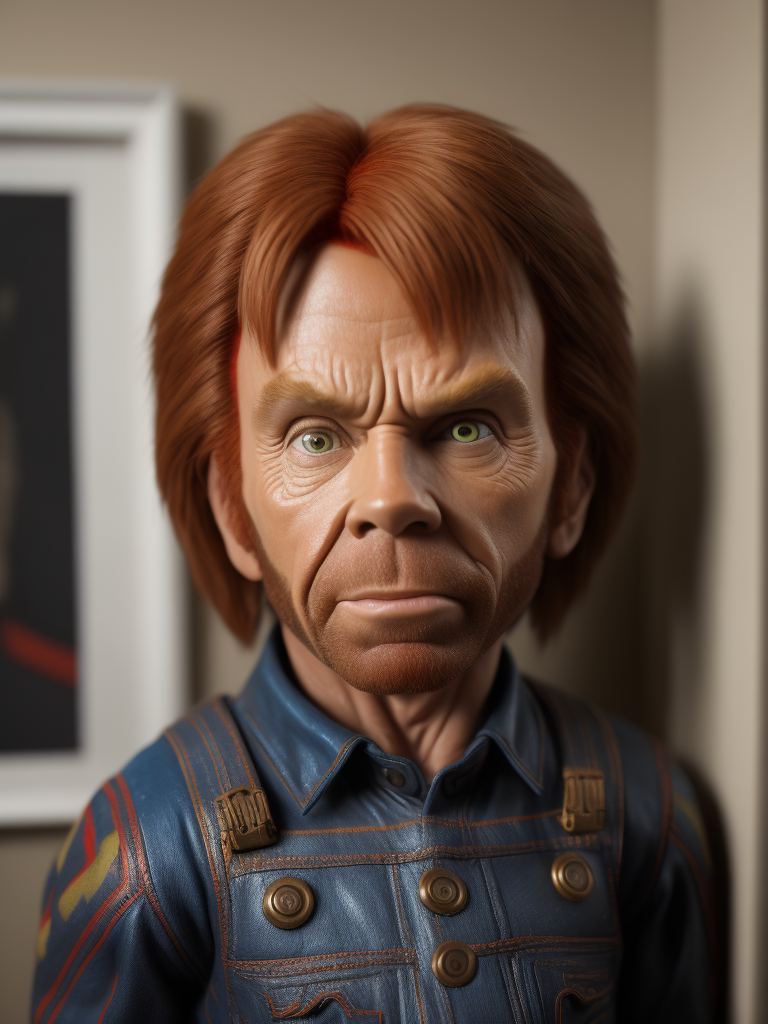 Chuck Norris as an evil Chucky doll, bright and saturated colors, highly detailed, fashion magazine, sharp focus, Dramatic Lighting