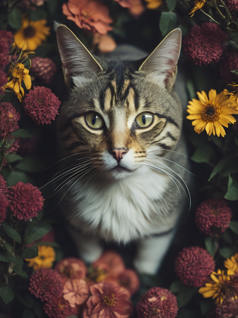 A cat is surrounded by flowers and flowers in a pile of them, looking up at the camera, a stock photo, conceptual art, photorealistic