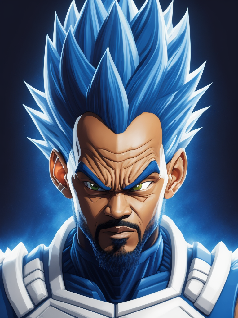 Will Smith as Dragon Ball character Vegeta, aggressive face, blue and white suit, spiky hairstyle, bright saturated colors, bright gradient background,