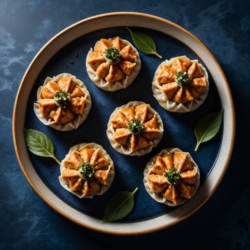 three, chicken Shumai dumpling, dark blue surface, top view