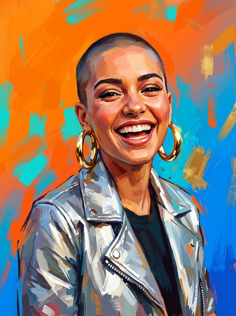 stylized portrait, young woman with shaved head, wide joyful smile, metallic silver jacket, large gold earrings, vibrant blocky brushstrokes, digital painting, bright orange and blue gradient background
