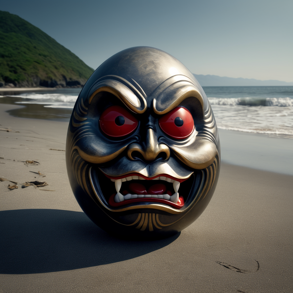 Japanese happy daruma figure as an egg. Situated on a beach close to the sea. only the one eye is painted. It left eye has no pupil.