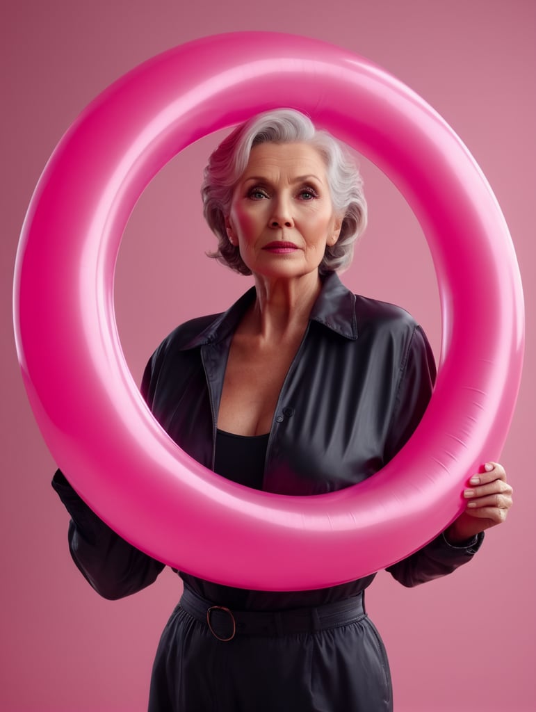 Pretty older women with an pink inflatable ring, isolated on pink background