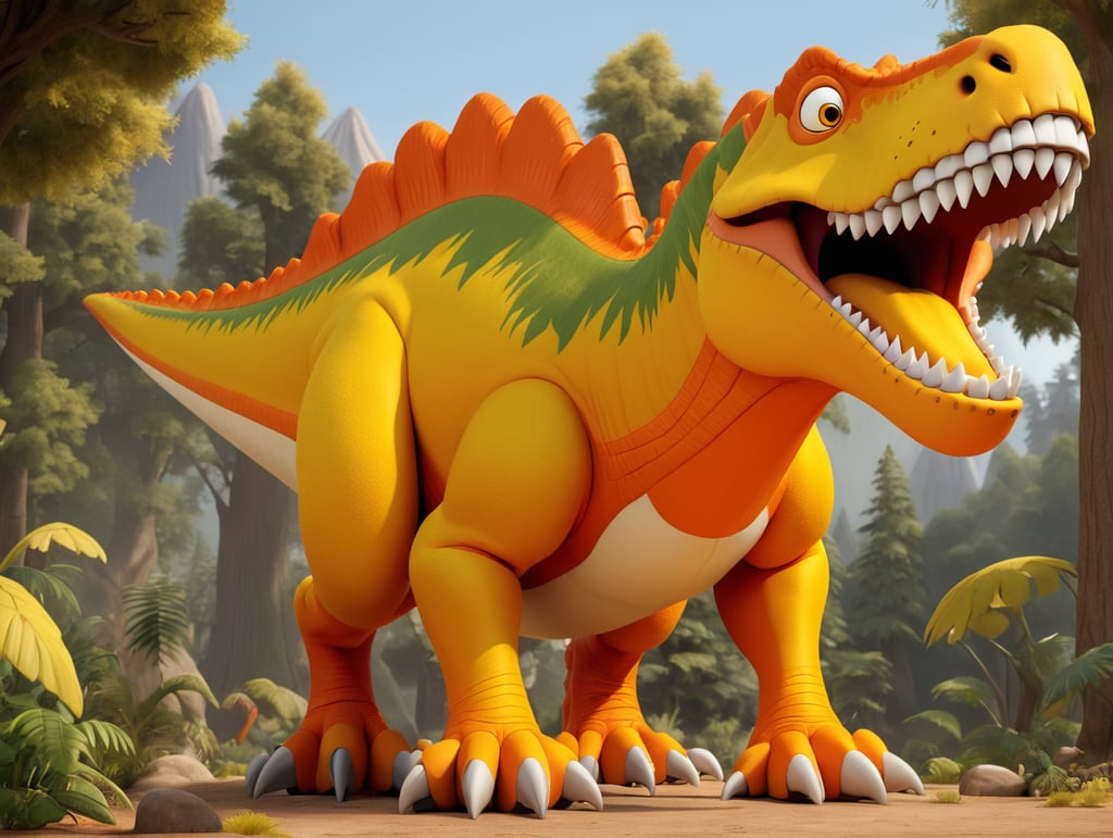 A yellow and orange cartoon Tyrannosaurus rex from the front