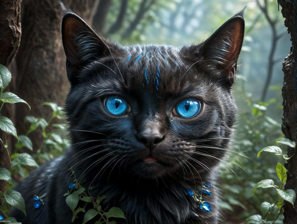 nsfw picture of a black cat with blue eyes holding his breath, he has puffy cheeks full body picture