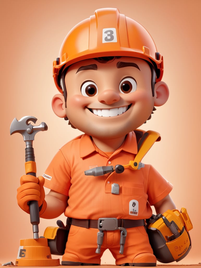 happy worker using construction helmet, on orange tshirt, with a screwdriver on his hand, smiling, brown eyes