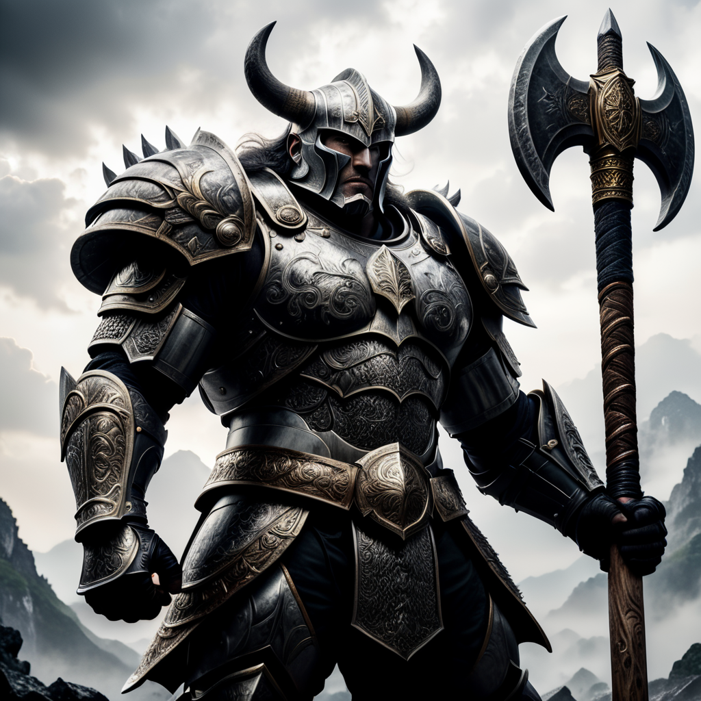 a very strong warrior with a big axe in black and white with moon landscape behind