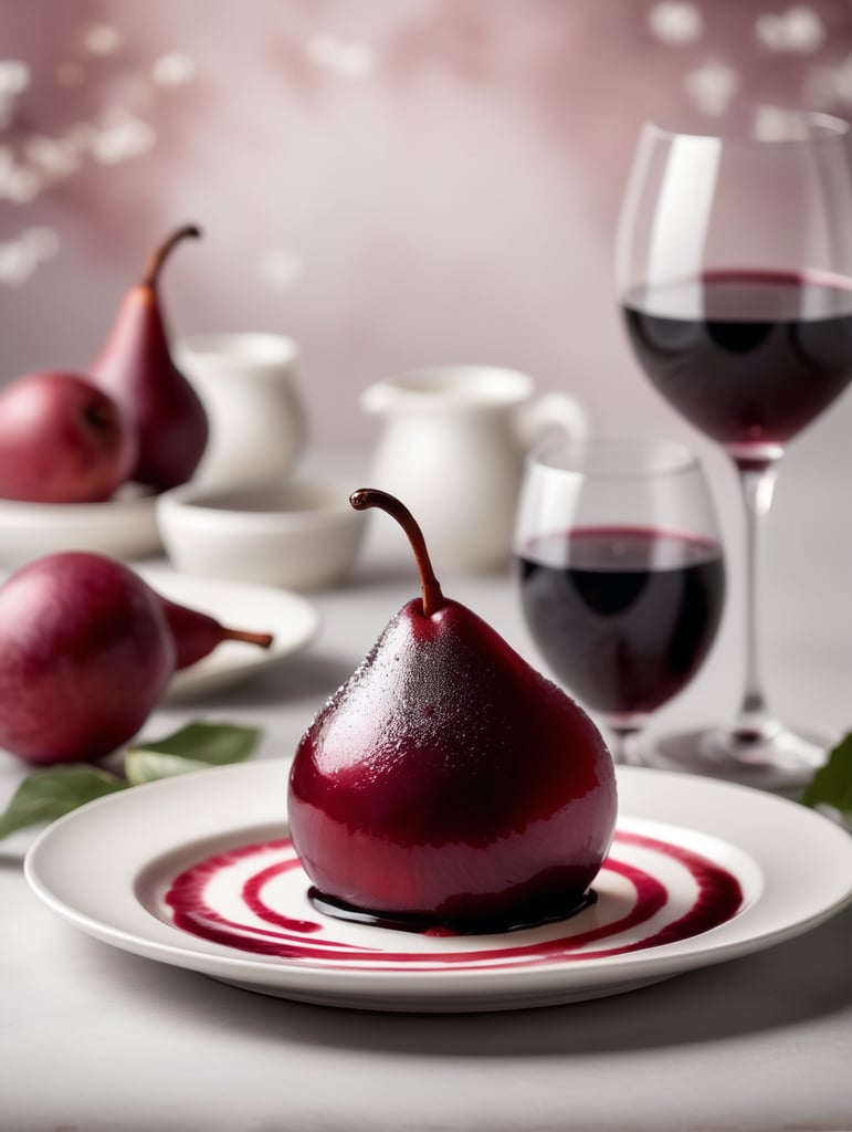 Red Wine Poached Pear with Cream, blurred background