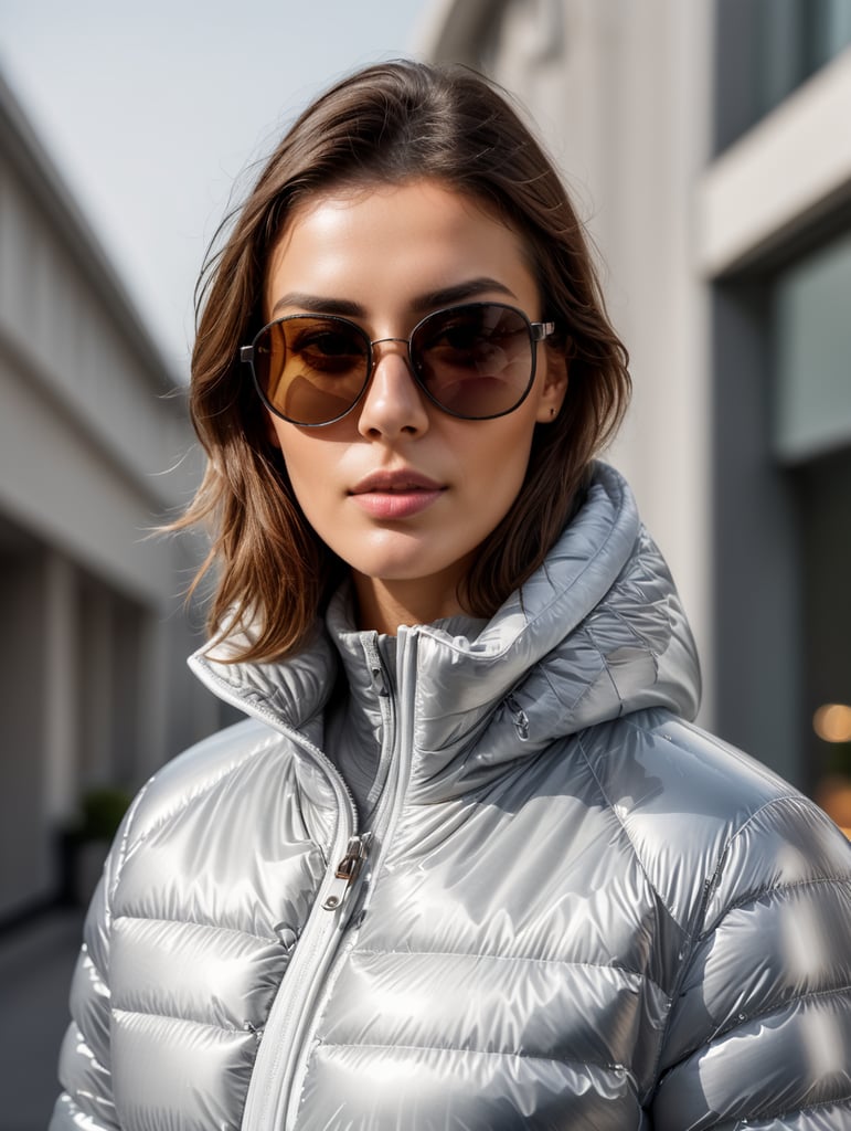 Inflatable white minimalist women's puffer jacket, wearing sunglasses, transparent, isolated, grey background, mockup