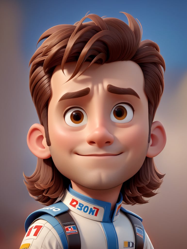 A race car pilot, brown hair, face centered