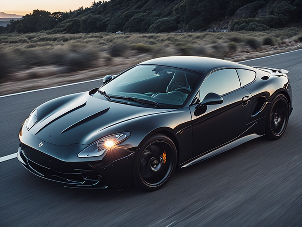 A luxurious sports car in a glossy black finish, speeding on an open road