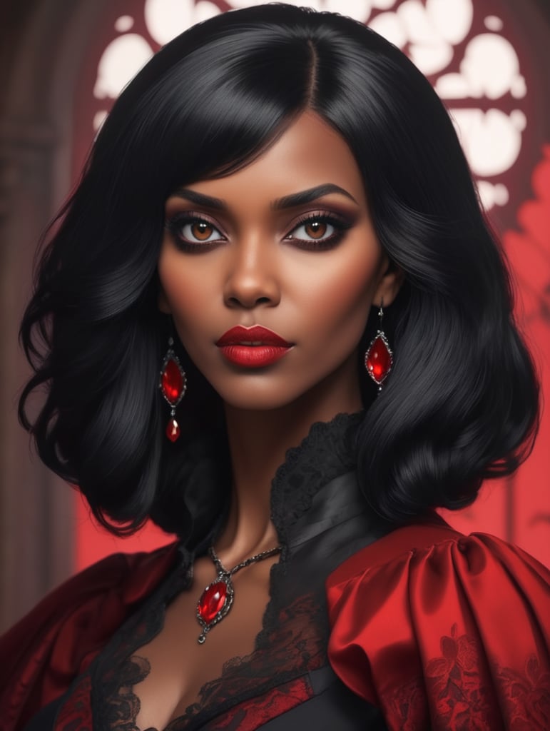 retrato de mujer de cabello negro, en estilo gotico animado y vampiro. Destaca color rojo