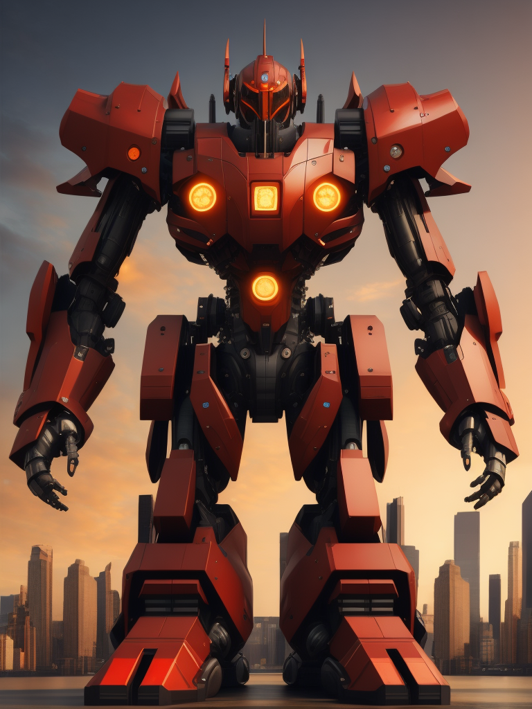 Giant mecha robot made of architectural building pieces, very shiny reflective red armor, hyper realistic, incredibly high detail, colorful, dramatic lighting, sunset, city skyline, new york, city lights, stop lights