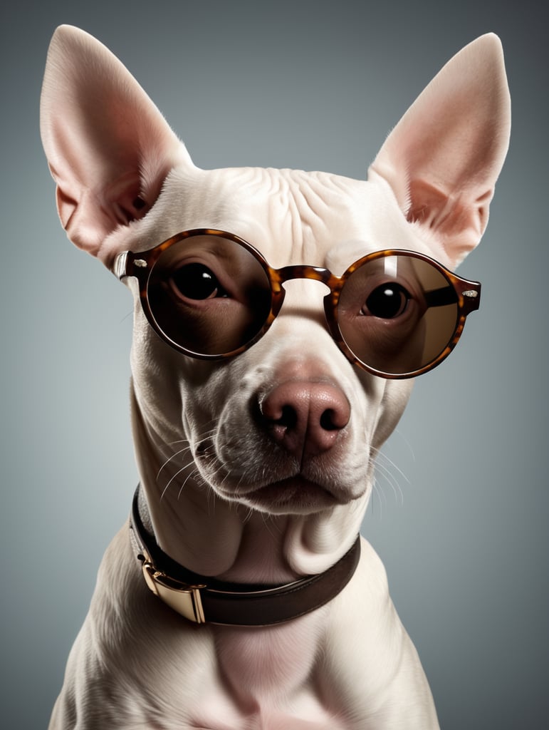 Portrait of a hairless dog wearing round sunglasses with thick thick frames, gray-brown skin, a few hairs on the head, professional photo, plain background, contrasting light, bright colors, detailed clear photo