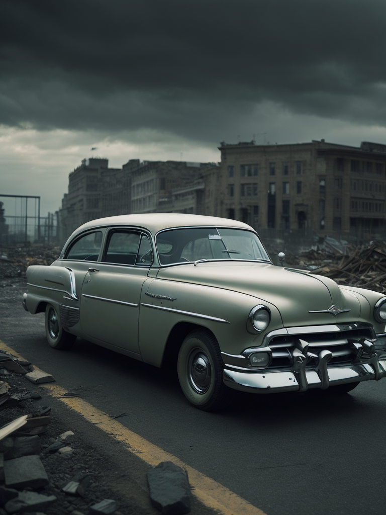 black and white photo of a 1952 Gray Chevrolet goes through bombed European city, world war 2