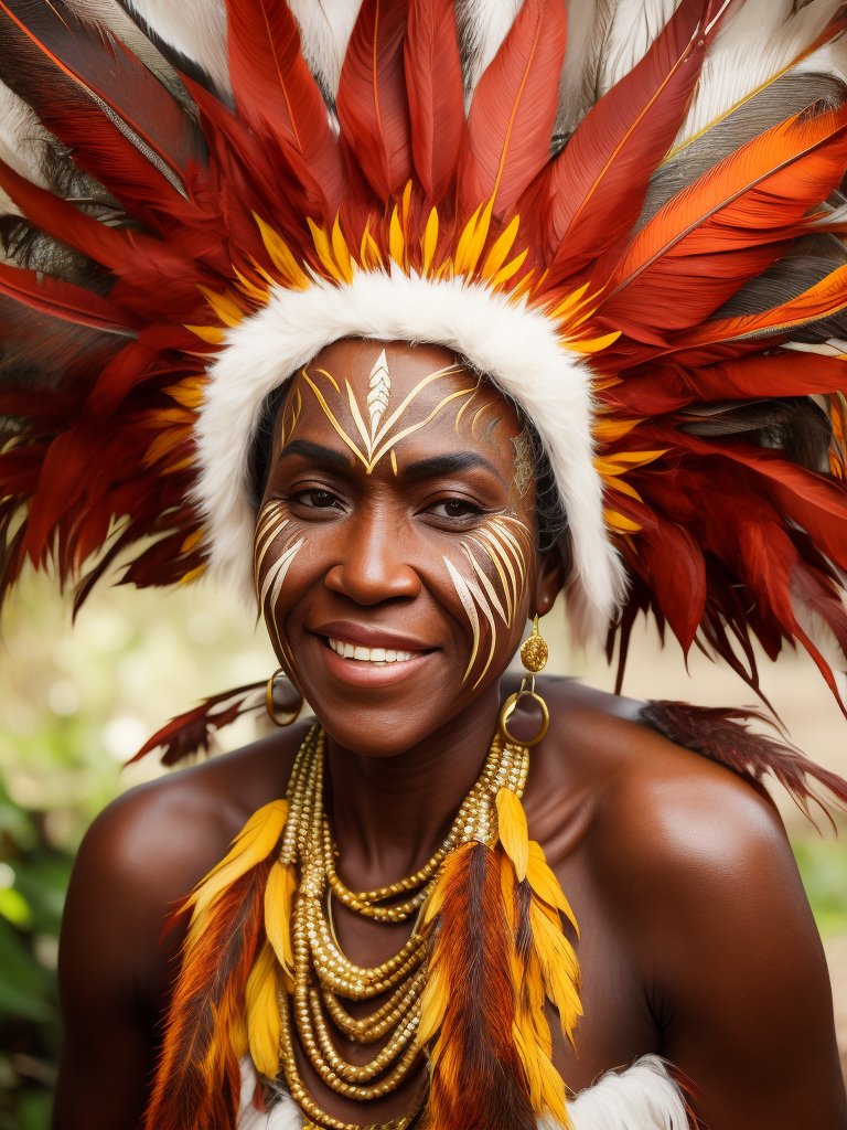 Papua New Guinea woman, vibrant feather head dress, different coloured feathers, chocolate brown dark background, intense light, depth of field, face paint, jungle background