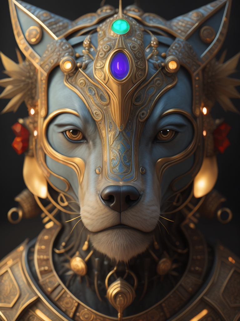 Masterpiece sculpture of an ornate bejeweled mechanical robot dog face, by annie swynnerton and diego rivera and nicholas roerich and jean delville, symbolist, dramatic lighting, god rays, elaborate geometric ornament, art brut, rich colors, smooth, sharp focus, extremely detailed, adolf wolfli and donato giancola