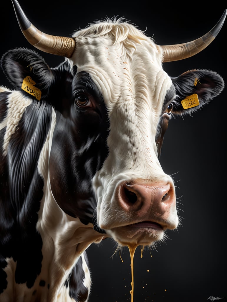 корова в профиль смотрит вверх, сверху течет молоко, простая векторная картинка 2D, черный белый