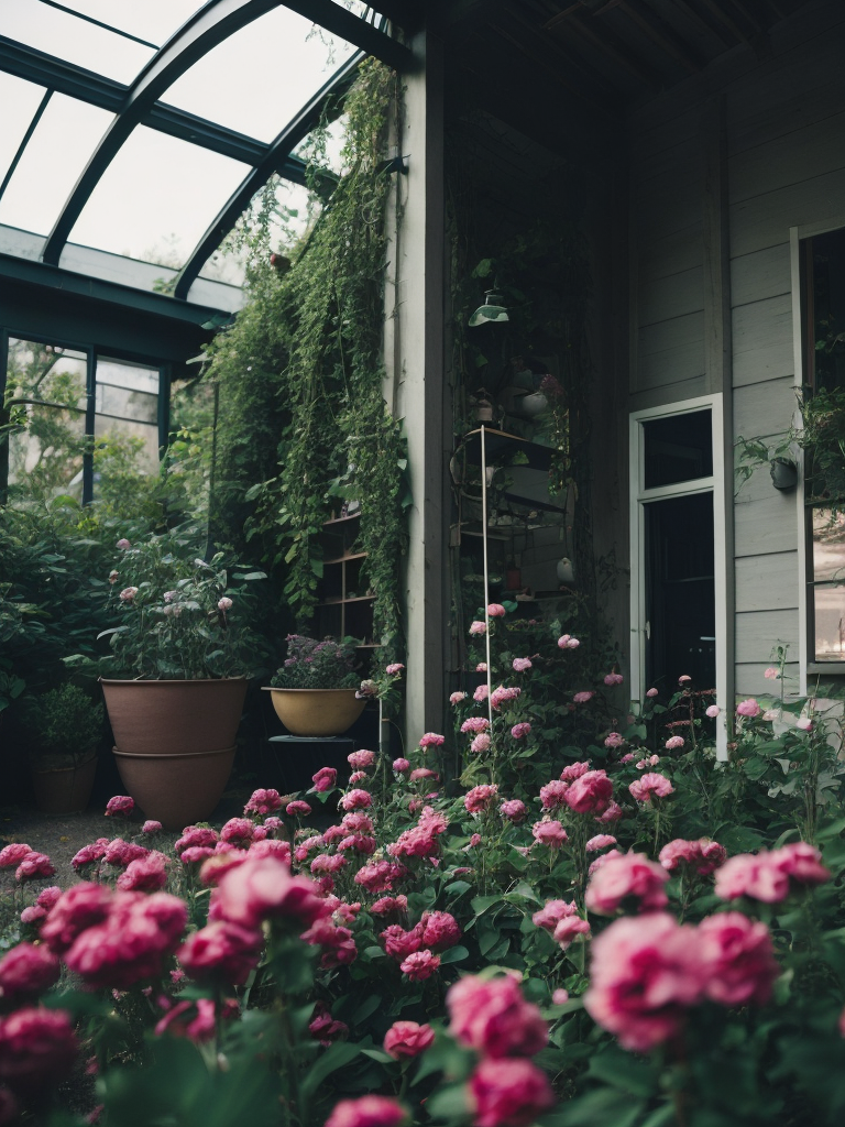 Architectural photo of a maximalist pink solar green house interior with lots of flowers and plants, golden light, hyperrealistic surrealism, award winning masterpiece with incredible details, epic stunning pink surrounding and round corners, big windows, art space, green house walls and celling