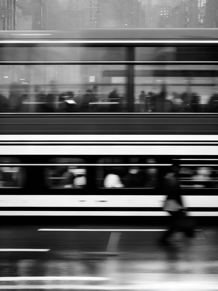 View of a bus full of people going to work, view from inside a dropped bus window, winter 1978, berlin, rain, black & white, realistic