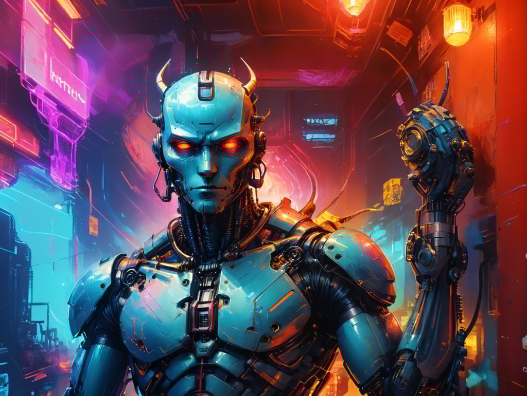 Robot devil, cyberpunk, in a futurist bar, red and blue neon ligths, masterpiece, absolutely perfect, stunning image, visually rich, intricately detailed, concept art, by Mschiffer, glowy, cinematic, UHD wallpaper, 3d, octane render, volumetric lights
