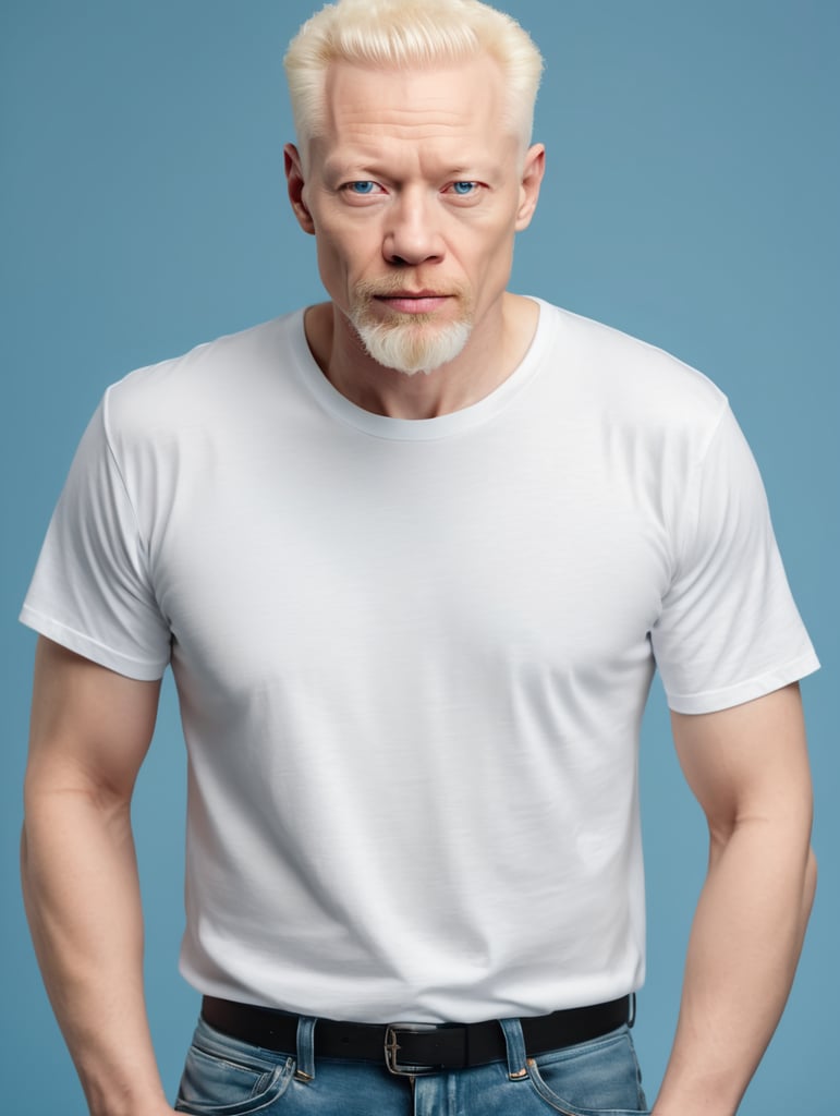 A middle-aged albino man wearing a white T-shirt, Contrasting studio light, isolated, blue background, mockup, mock up